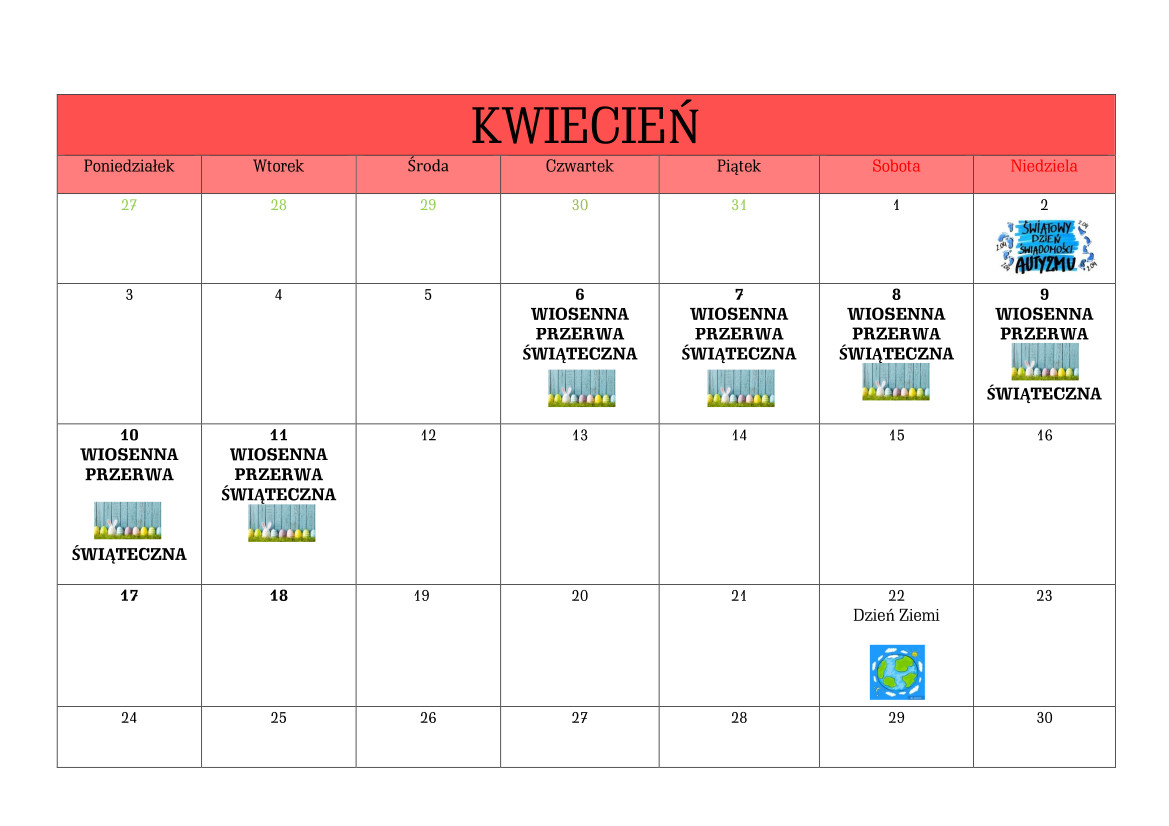 Szkoła Sp.11 w Zawierciu - Kalendarz Roku